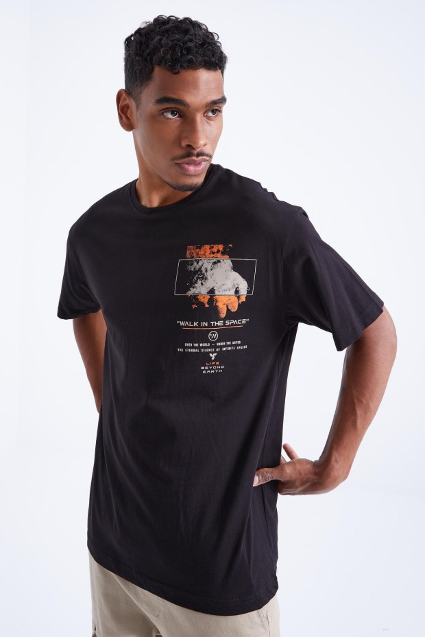 Tommy Life Siyah Baskı Detaylı O Yaka Erkek Oversize T-Shirt - 88099. 2