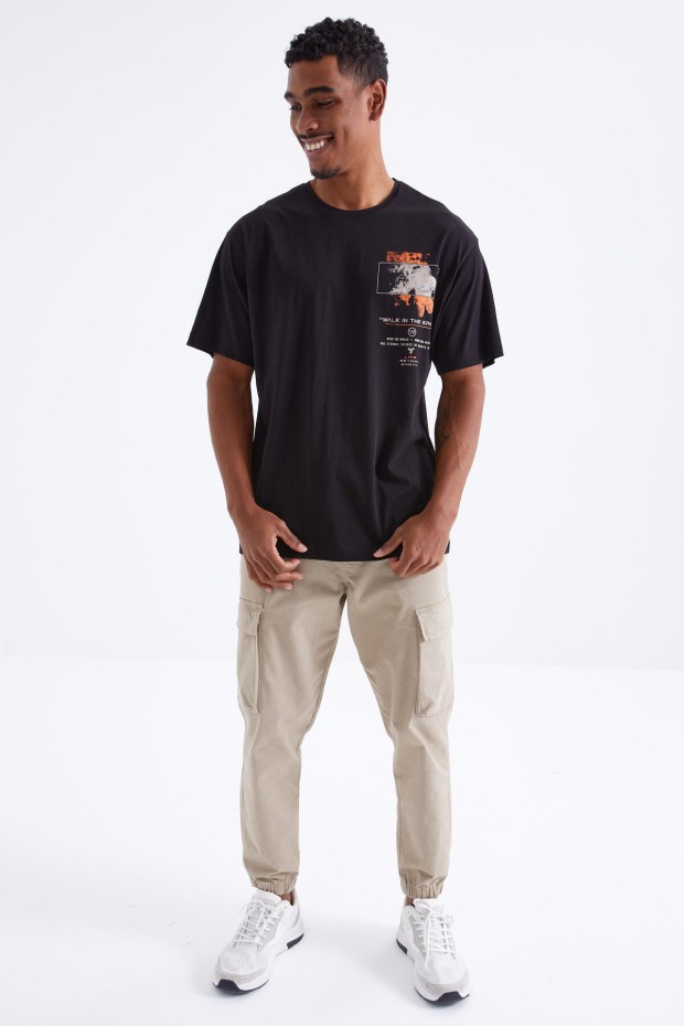 Tommy Life Siyah Baskı Detaylı O Yaka Erkek Oversize T-Shirt - 88099. 1