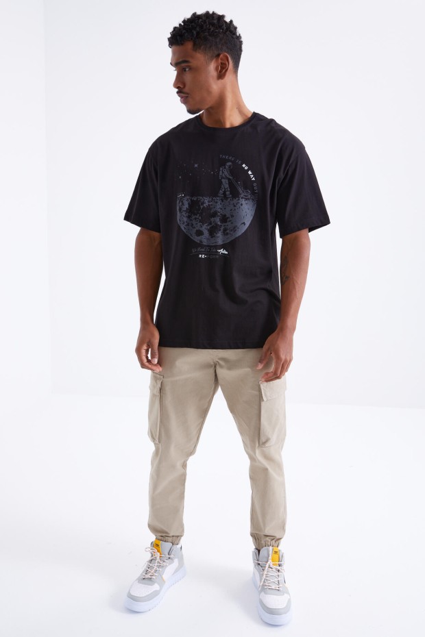 Tommy Life Siyah Baskılı O Yaka Erkek Oversize T-Shirt - 88098. 2