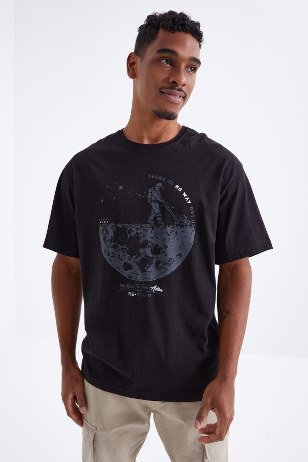 Tommy Life Siyah Baskılı O Yaka Erkek Oversize T-Shirt - 88098. 9