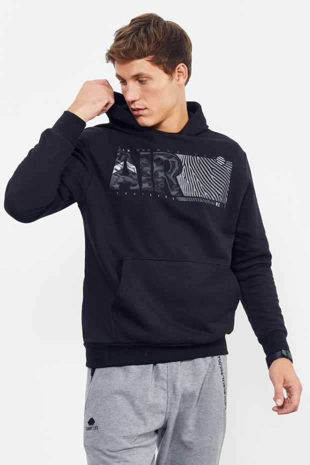 Tommy Life Siyah Air Yazı Baskılı Kapüşonlu Rahat Form Erkek Sweatshirt - 88009. 3