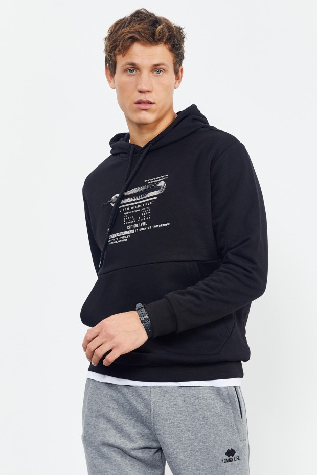 Tommy Life Siyah Baskılı Kapüşonlu Kanguru Cep Rahat Form Erkek Sweatshirt - 88019. 1