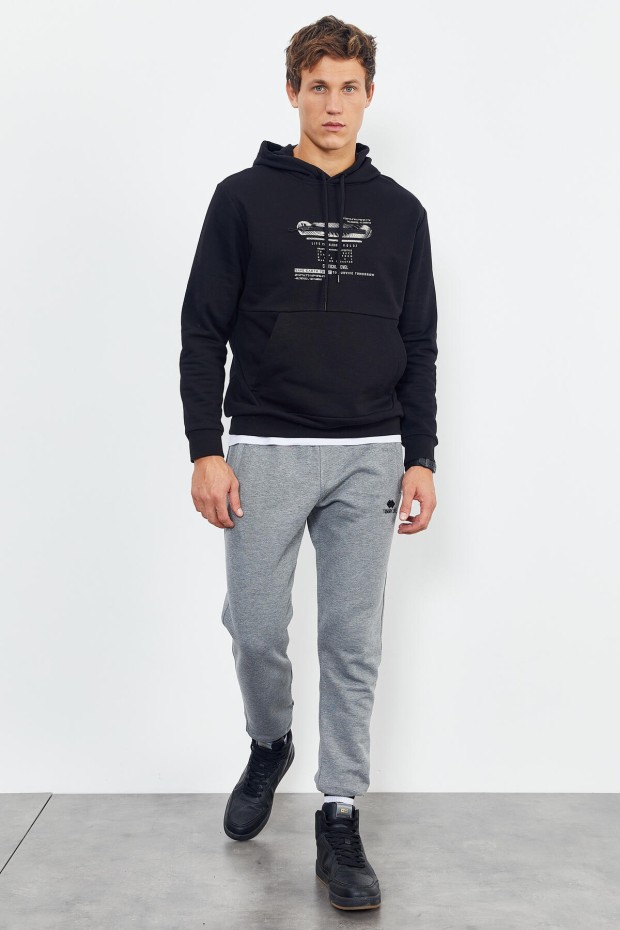 Tommy Life Siyah Baskılı Kapüşonlu Kanguru Cep Rahat Form Erkek Sweatshirt - 88019. 3 Tommy Life Siyah Baskılı Kapüşonlu Kanguru Cep Rahat Form Erkek Sweatshirt - 88019. 3