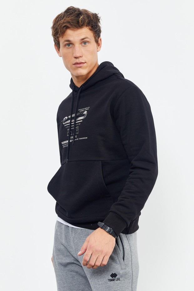Tommy Life Siyah Baskılı Kapüşonlu Kanguru Cep Rahat Form Erkek Sweatshirt - 88019. 2 Tommy Life Siyah Baskılı Kapüşonlu Kanguru Cep Rahat Form Erkek Sweatshirt - 88019. 2
