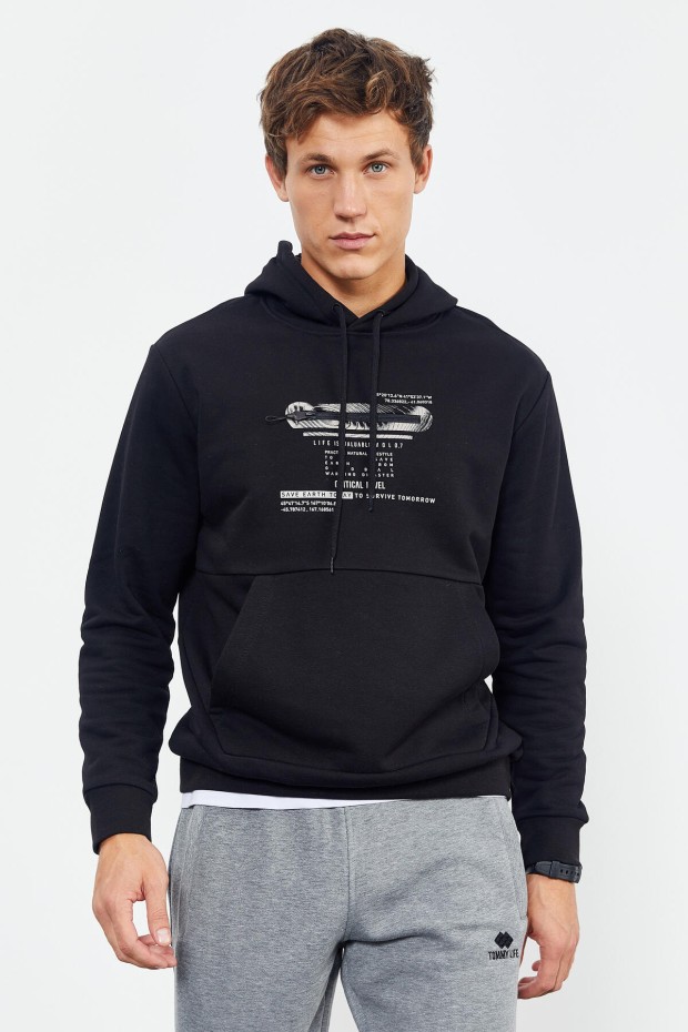 Tommy Life Siyah Baskılı Kapüşonlu Kanguru Cep Rahat Form Erkek Sweatshirt - 88019. 7