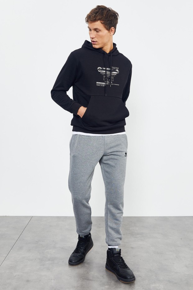 Tommy Life Siyah Baskılı Kapüşonlu Kanguru Cep Rahat Form Erkek Sweatshirt - 88019. 6 Tommy Life Siyah Baskılı Kapüşonlu Kanguru Cep Rahat Form Erkek Sweatshirt - 88019. 6