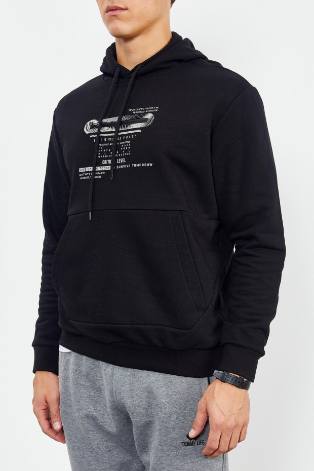 Tommy Life Siyah Baskılı Kapüşonlu Kanguru Cep Rahat Form Erkek Sweatshirt - 88019. 4