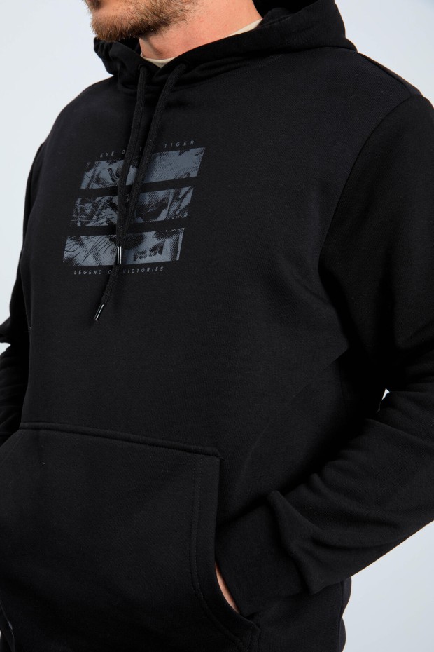 Tommy Life Siyah Kaplan Baskılı Kapüşonlu Rahat Form Erkek Sweatshirt - 88036. 7 Tommy Life Siyah Kaplan Baskılı Kapüşonlu Rahat Form Erkek Sweatshirt - 88036. 7