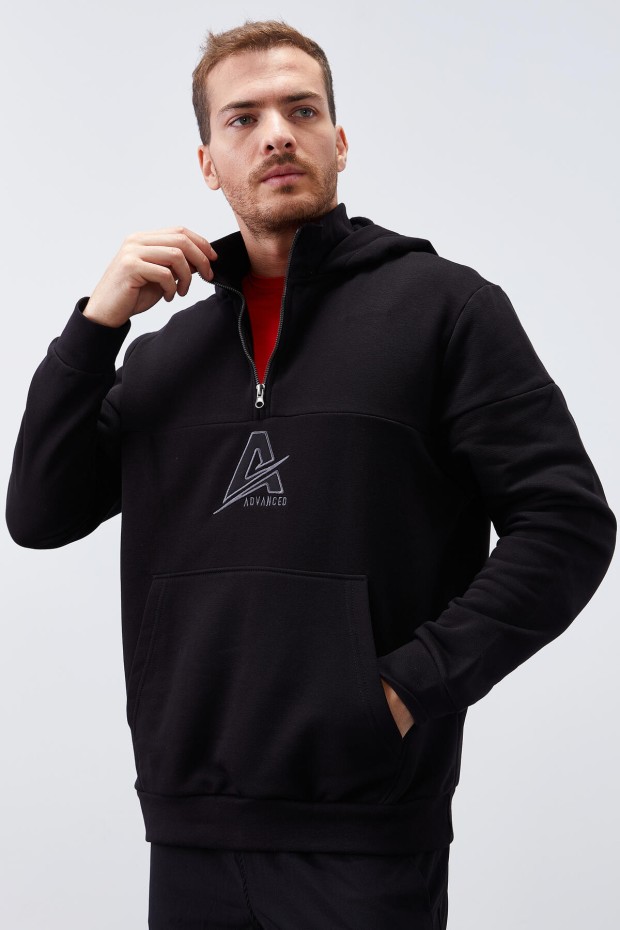 Tommy Life Siyah Nakış Detaylı Yarım Fermuar Kapüşonlu Erkek Sweatshirt - 88033. 3 Tommy Life Siyah Nakış Detaylı Yarım Fermuar Kapüşonlu Erkek Sweatshirt - 88033. 3