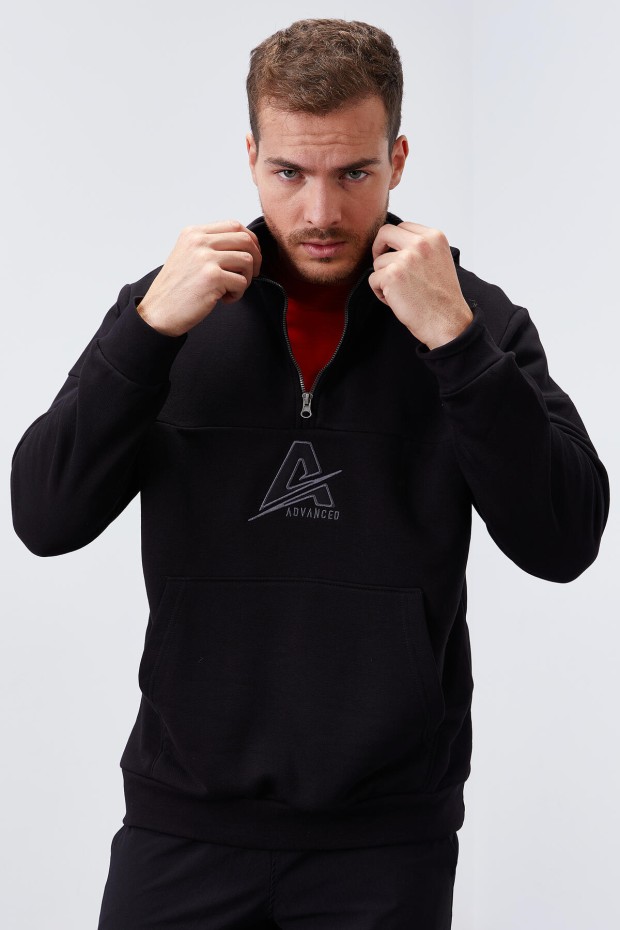 Tommy Life Siyah Nakış Detaylı Yarım Fermuar Kapüşonlu Erkek Sweatshirt - 88033. 7 Tommy Life Siyah Nakış Detaylı Yarım Fermuar Kapüşonlu Erkek Sweatshirt - 88033. 7