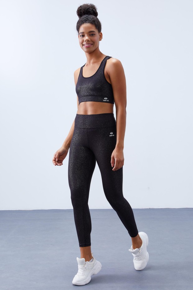 Siyah-gümüş - Siyah Yüksek Bel Toparlayıcılı Sırt Detaylı Slim Fit Büstiyer Kadın Tayt Takım - 95281 - 1