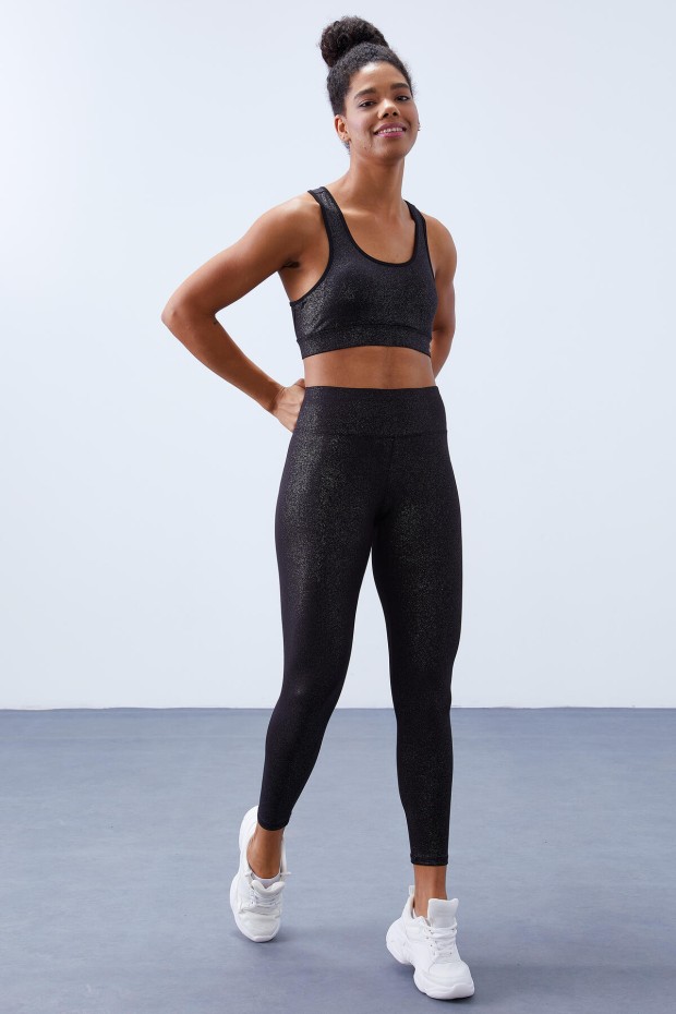 Siyah-gümüş - Siyah Yüksek Bel Toparlayıcılı Sırt Detaylı Slim Fit Büstiyer Kadın Tayt Takım - 95281 - 3