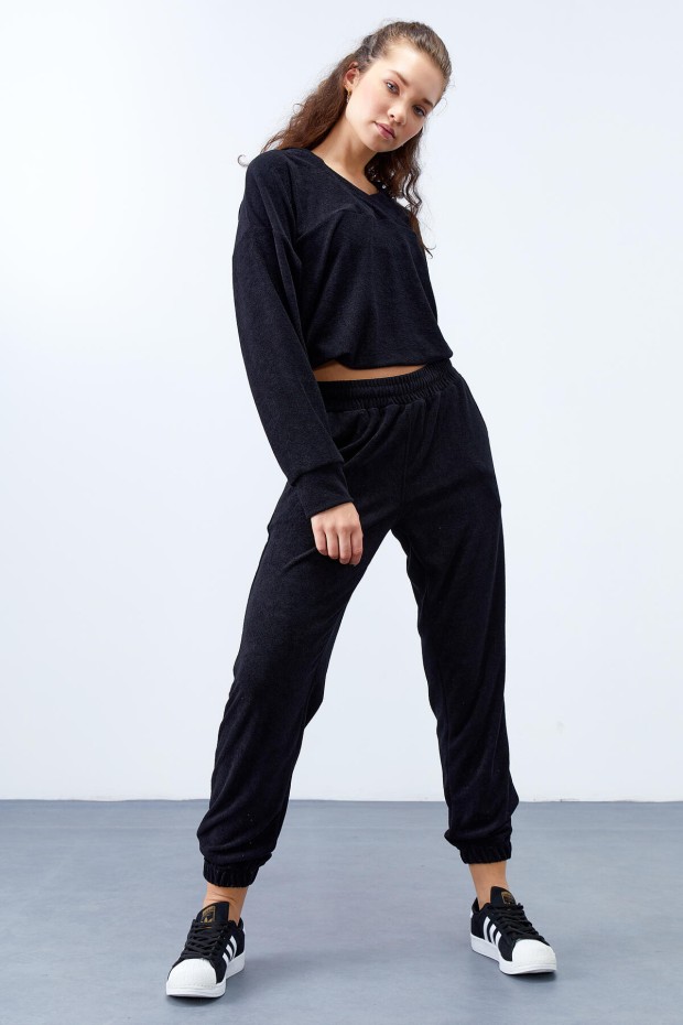 Tommy Life Siyah Havlu Kumaş Kapüşonlu Jogger Kadın Oversize Eşofman Takım - 95311. 1 Tommy Life Siyah Havlu Kumaş Kapüşonlu Jogger Kadın Oversize Eşofman Takım - 95311. 1
