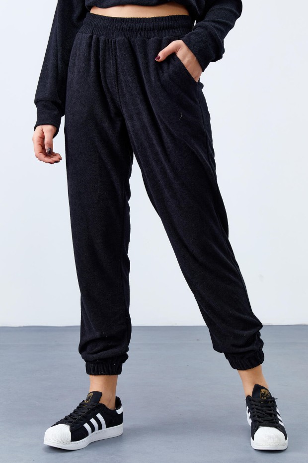 Tommy Life Siyah Havlu Kumaş Kapüşonlu Jogger Kadın Oversize Eşofman Takım - 95311. 8 Tommy Life Siyah Havlu Kumaş Kapüşonlu Jogger Kadın Oversize Eşofman Takım - 95311. 8