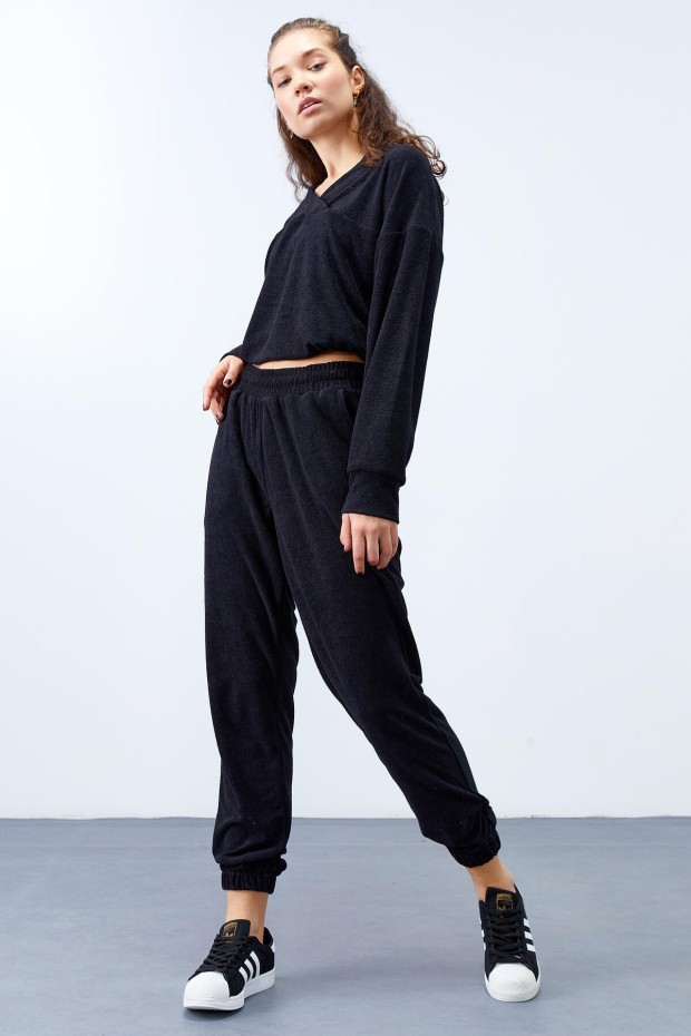 Tommy Life Siyah Havlu Kumaş Kapüşonlu Jogger Kadın Oversize Eşofman Takım - 95311. 5 Tommy Life Siyah Havlu Kumaş Kapüşonlu Jogger Kadın Oversize Eşofman Takım - 95311. 5
