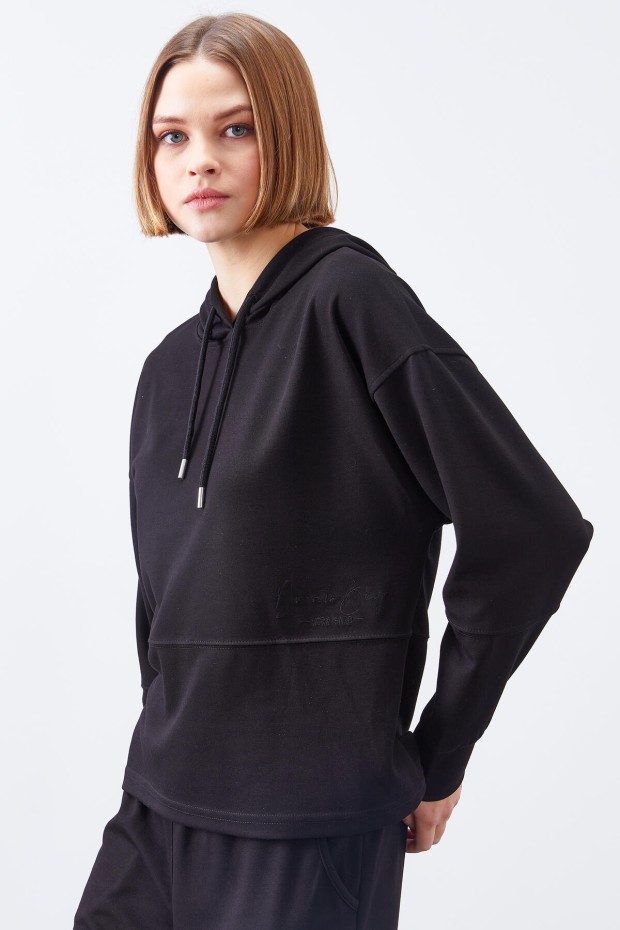 Tommy Life Siyah Kapüşonlu Nakış Detaylı Klasik Paça Kadın Oversize Eşofman Takımı - 95310. 5 Tommy Life Siyah Kapüşonlu Nakış Detaylı Klasik Paça Kadın Oversize Eşofman Takımı - 95310. 5