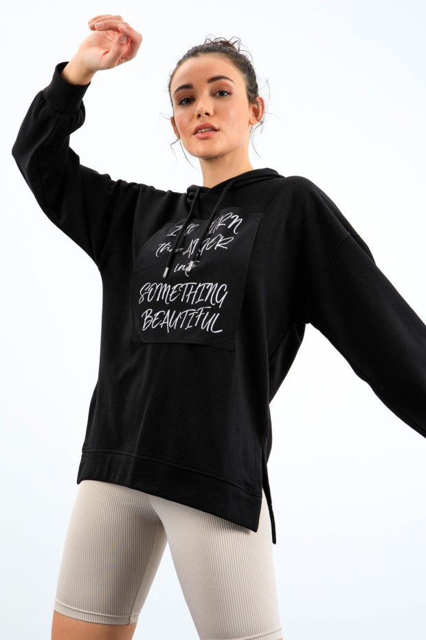 Tommy Life Siyah Yazı Dokuma Yamalı Kapüşonlu Kadın Oversize Sweatshirt - 97178. 3 Tommy Life Siyah Yazı Dokuma Yamalı Kapüşonlu Kadın Oversize Sweatshirt - 97178. 3