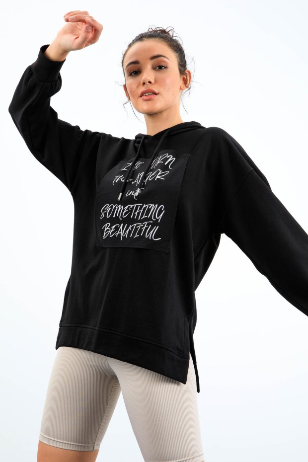 Tommy Life Siyah Yazı Dokuma Yamalı Kapüşonlu Kadın Oversize Sweatshirt - 97178. 3