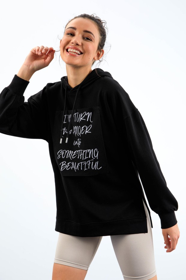Tommy Life Siyah Yazı Dokuma Yamalı Kapüşonlu Kadın Oversize Sweatshirt - 97178. 1 Tommy Life Siyah Yazı Dokuma Yamalı Kapüşonlu Kadın Oversize Sweatshirt - 97178. 1