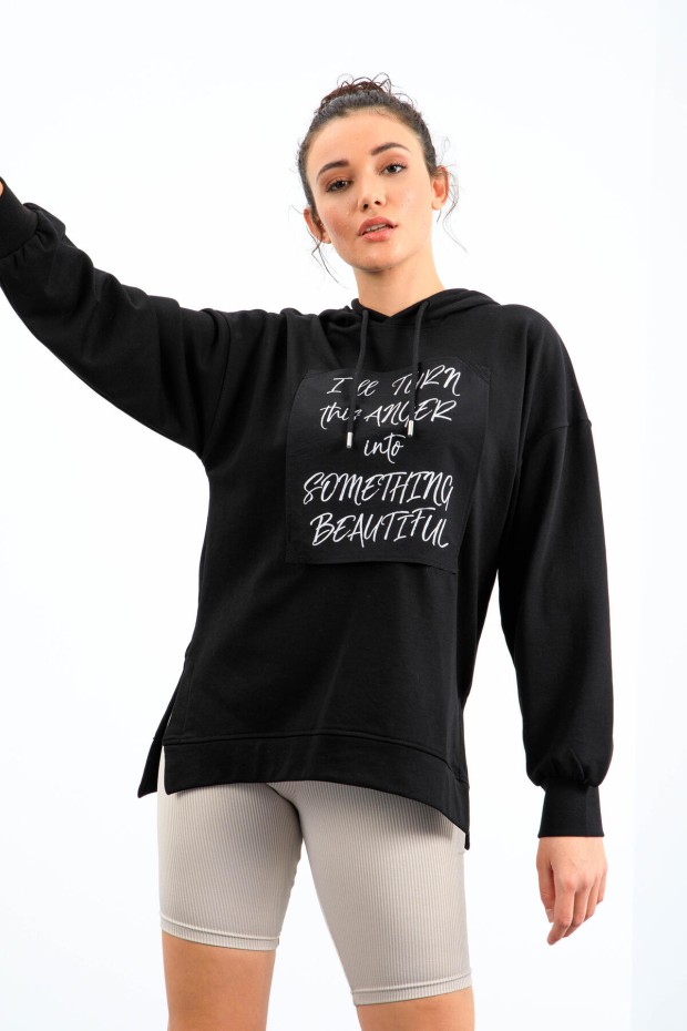 Tommy Life Siyah Yazı Dokuma Yamalı Kapüşonlu Kadın Oversize Sweatshirt - 97178. 4