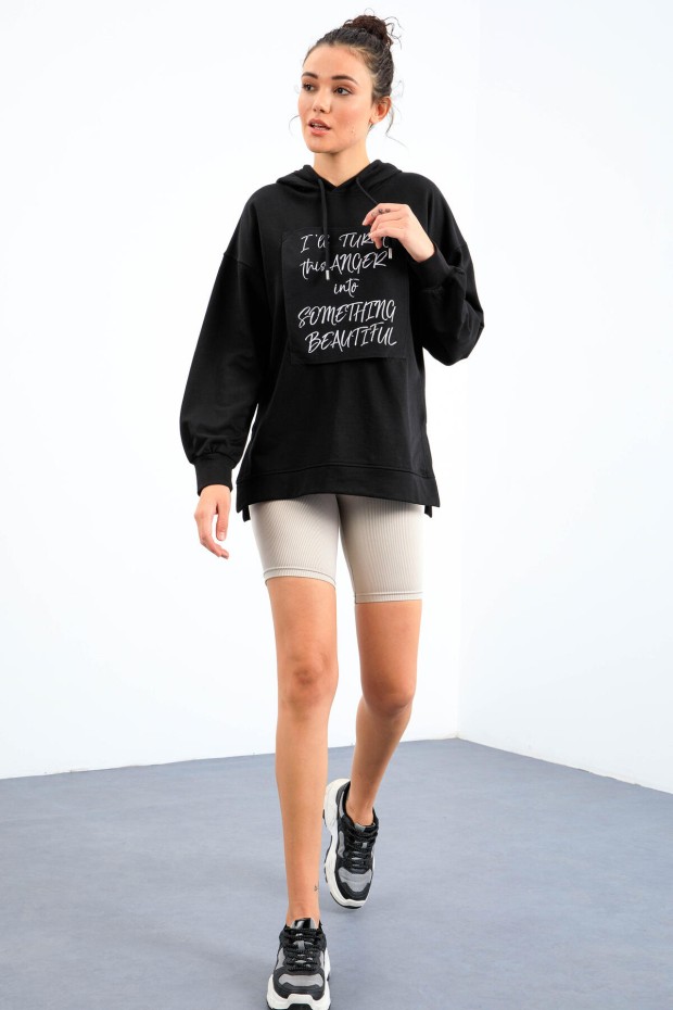 Tommy Life Siyah Yazı Dokuma Yamalı Kapüşonlu Kadın Oversize Sweatshirt - 97178. 5 Tommy Life Siyah Yazı Dokuma Yamalı Kapüşonlu Kadın Oversize Sweatshirt - 97178. 5