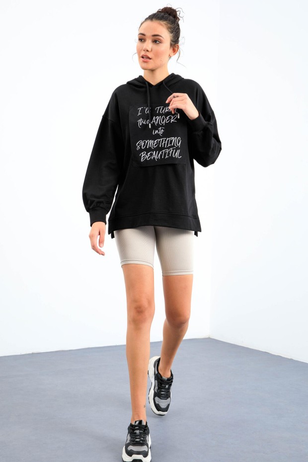 Tommy Life Siyah Yazı Dokuma Yamalı Kapüşonlu Kadın Oversize Sweatshirt - 97178. 5