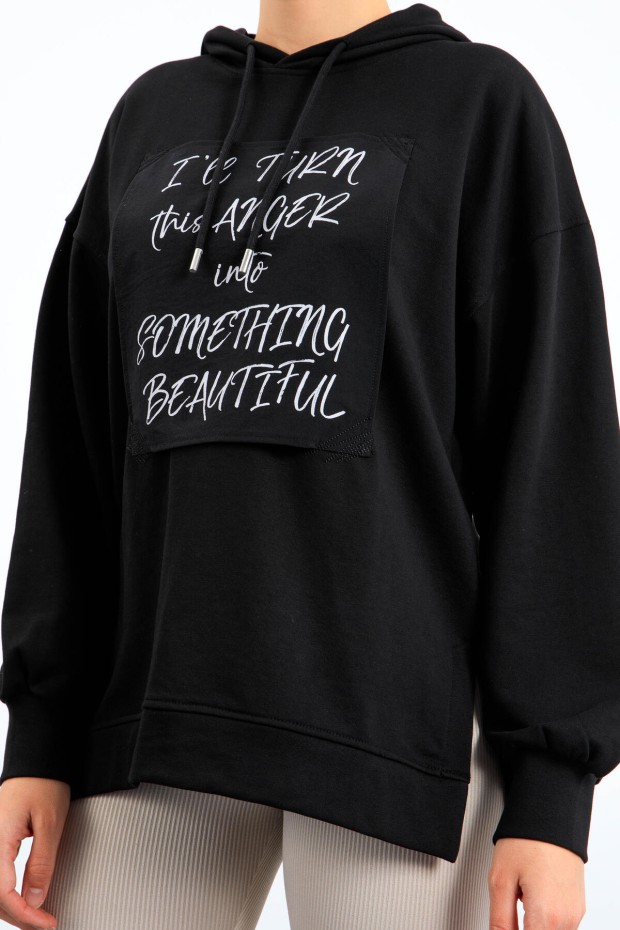 Tommy Life Siyah Yazı Dokuma Yamalı Kapüşonlu Kadın Oversize Sweatshirt - 97178. 7 Tommy Life Siyah Yazı Dokuma Yamalı Kapüşonlu Kadın Oversize Sweatshirt - 97178. 7