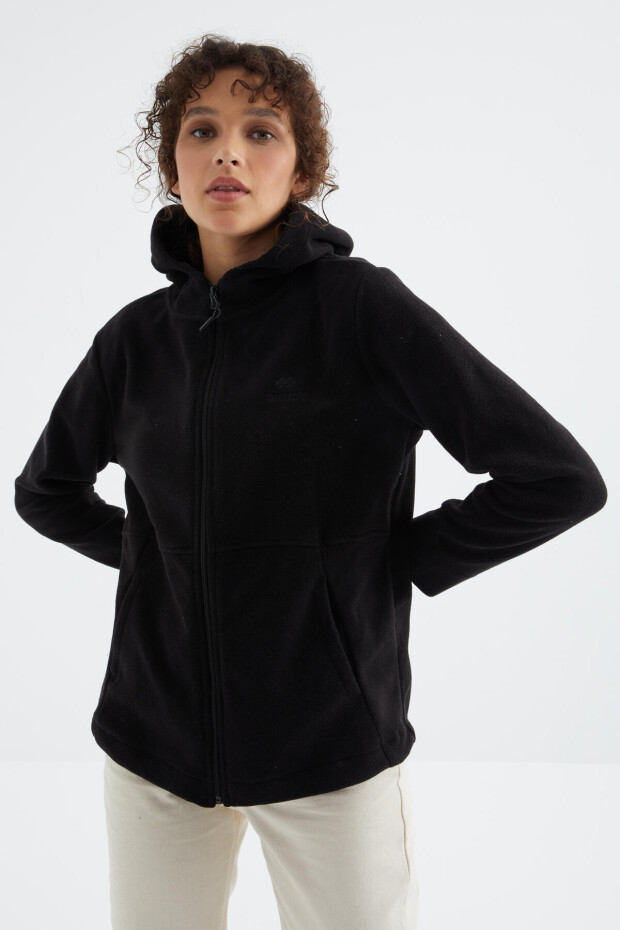 Siyah Kapüşonlu Fermuarlı Rahat Form Kadın Polar Sweatshirt - 97233 - 1