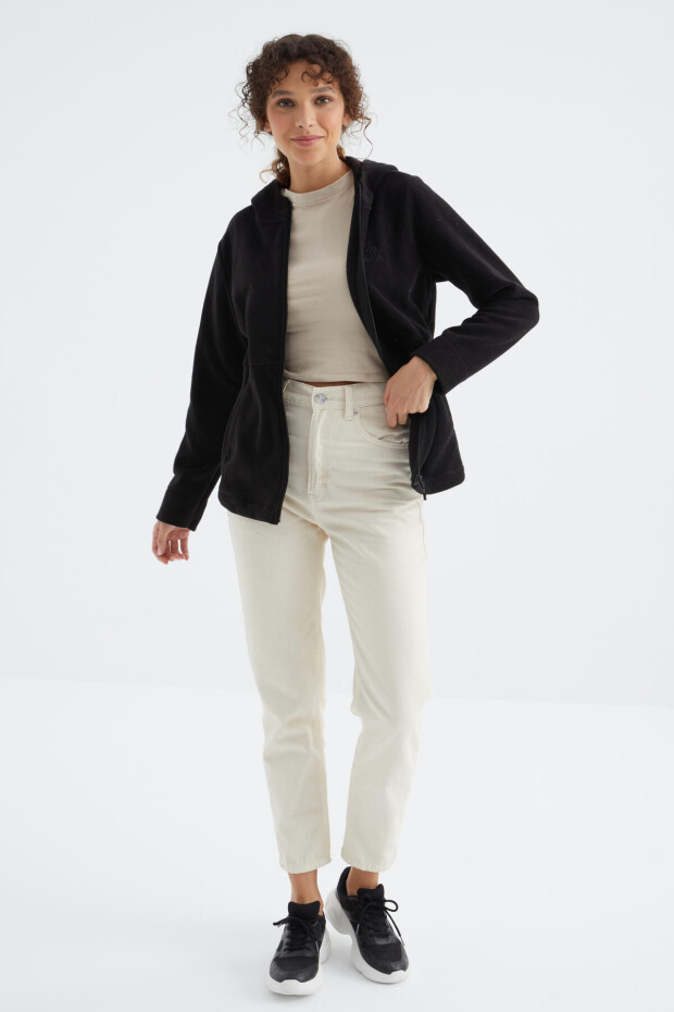 Siyah Kapüşonlu Fermuarlı Rahat Form Kadın Polar Sweatshirt - 97233 - 2