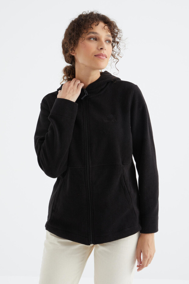 Siyah Kapüşonlu Fermuarlı Rahat Form Kadın Polar Sweatshirt - 97233 - 3