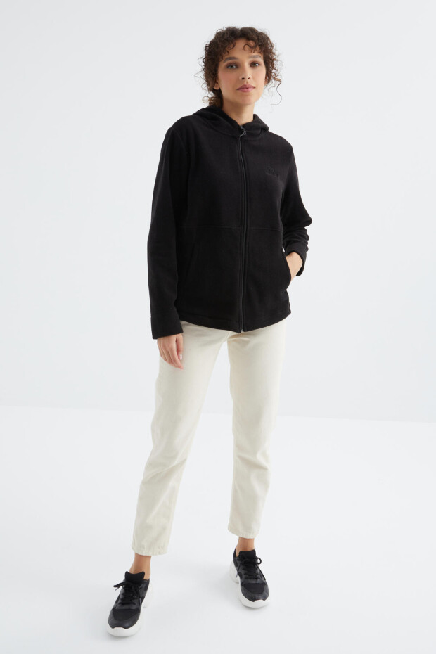 Siyah Kapüşonlu Fermuarlı Rahat Form Kadın Polar Sweatshirt - 97233 - 4