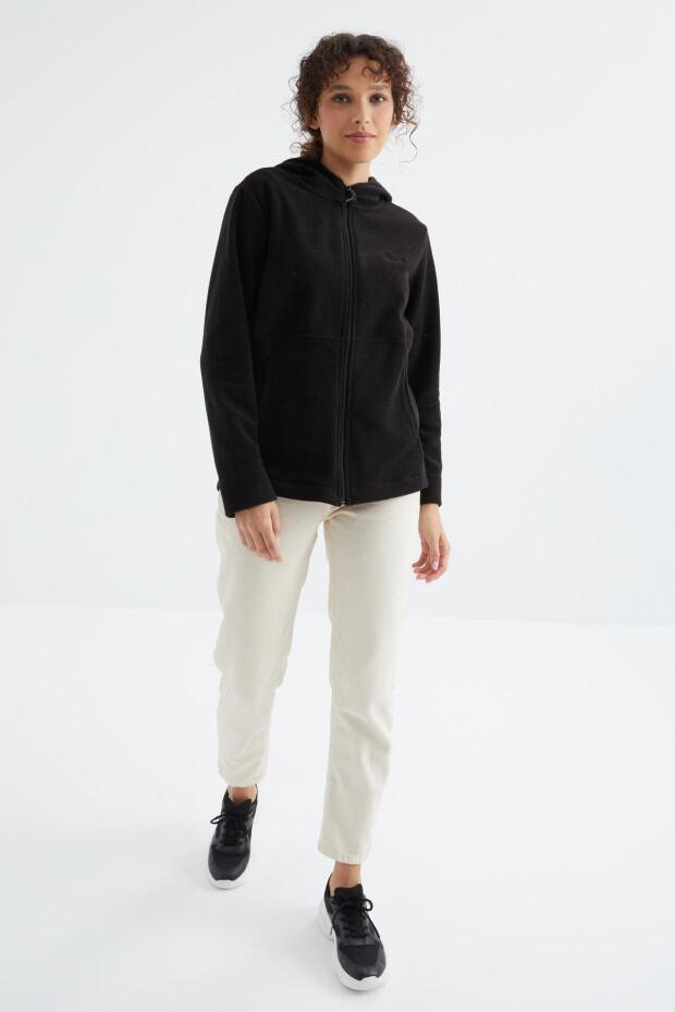 Siyah Kapüşonlu Fermuarlı Rahat Form Kadın Polar Sweatshirt - 97233 - 6
