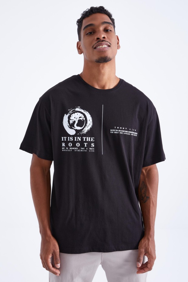 Tommy Life Siyah Minimal Baskılı O Yaka Erkek Oversize T-Shirt - 88096. 3