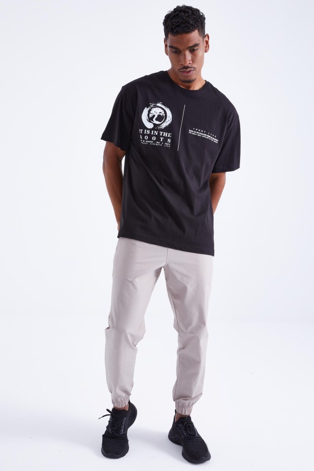 Tommy Life Siyah Minimal Baskılı O Yaka Erkek Oversize T-Shirt - 88096. 2