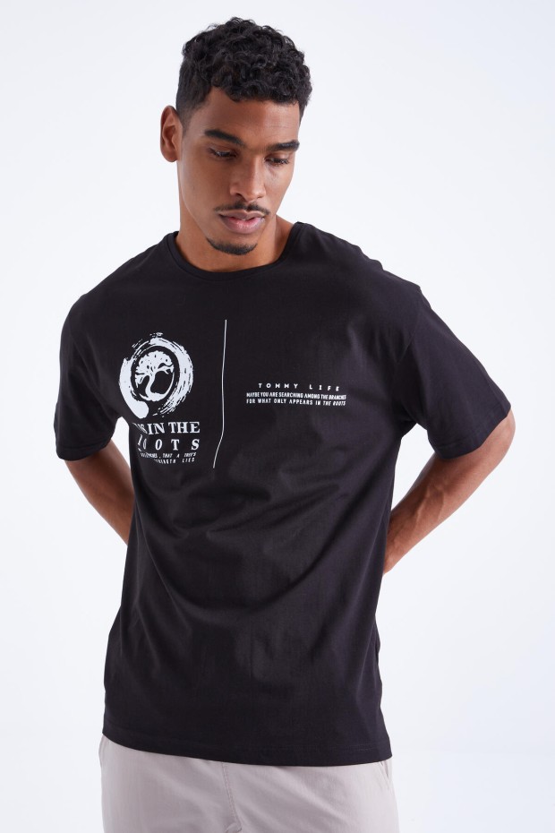 Tommy Life Siyah Minimal Baskılı O Yaka Erkek Oversize T-Shirt - 88096. 1