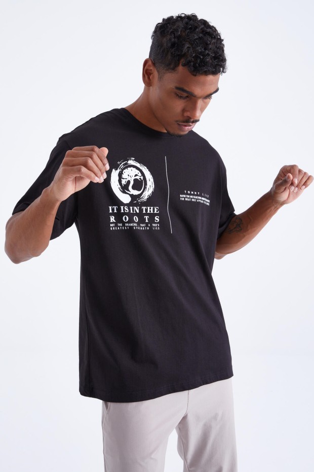 Tommy Life Siyah Minimal Baskılı O Yaka Erkek Oversize T-Shirt - 88096. 7