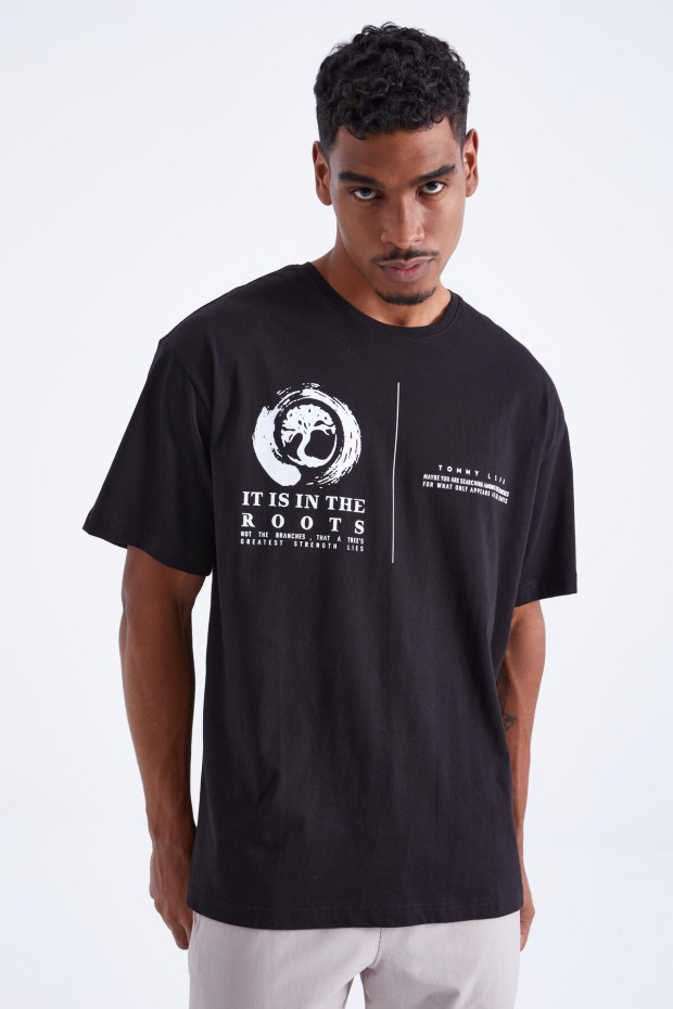 Tommy Life Siyah Minimal Baskılı O Yaka Erkek Oversize T-Shirt - 88096. 6