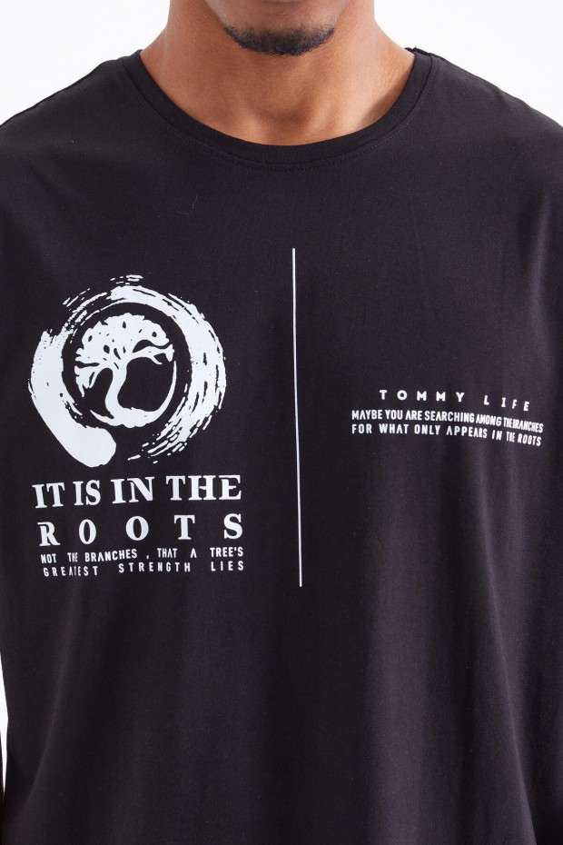 Tommy Life Siyah Minimal Baskılı O Yaka Erkek Oversize T-Shirt - 88096. 4