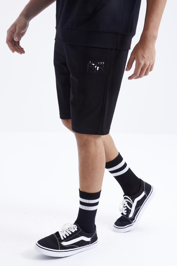Tommy Life Siyah Nakışlı Kapüşonlu Kanguru Cep Oversize Erkek Şort Takım - 85166. 4 Tommy Life Siyah Nakışlı Kapüşonlu Kanguru Cep Oversize Erkek Şort Takım - 85166. 4