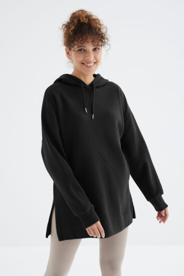 Siyah Reglan Kol Basic Kapüşonlu Oversize Sweatshirt Tunik - 97242 