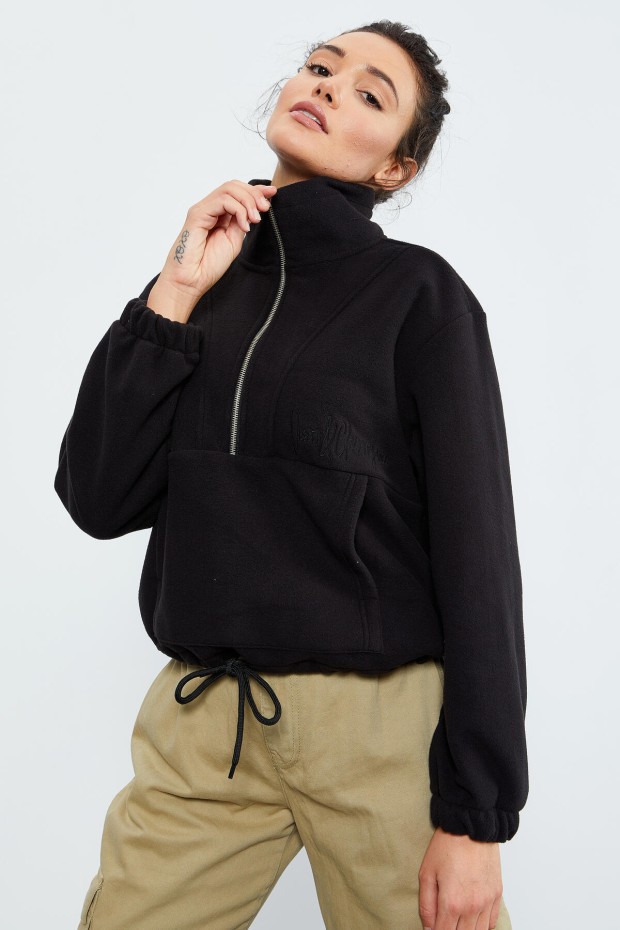 Siyah Yarım Fermuar Etek Ucu Büzgülü Kadın Polar Oversize Sweatshirt - 97171 - 1