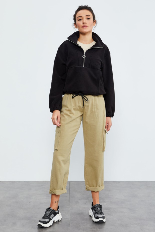 Siyah Yarım Fermuar Etek Ucu Büzgülü Kadın Polar Oversize Sweatshirt - 97171 - 4