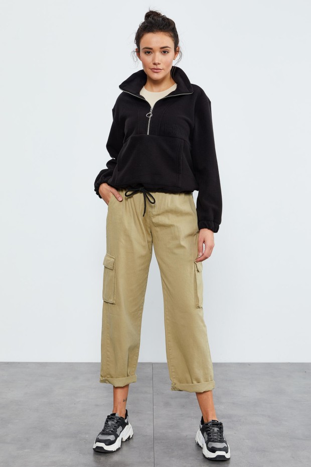 Siyah Yarım Fermuar Etek Ucu Büzgülü Kadın Polar Oversize Sweatshirt - 97171 - 6