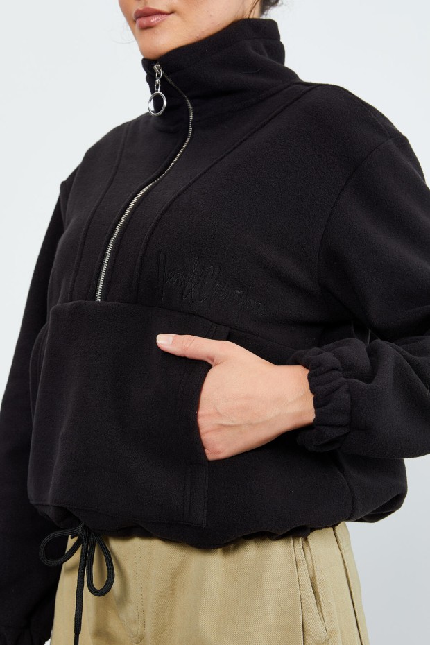 Siyah Yarım Fermuar Etek Ucu Büzgülü Kadın Polar Oversize Sweatshirt - 97171 - 8