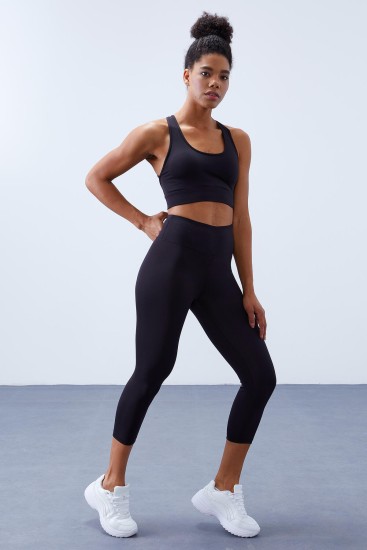 Siyah Yüksek Bel Toparlayıcı Çapraz Sırt Detaylı Slim Fit Kadın Tayt Takım - 95283 