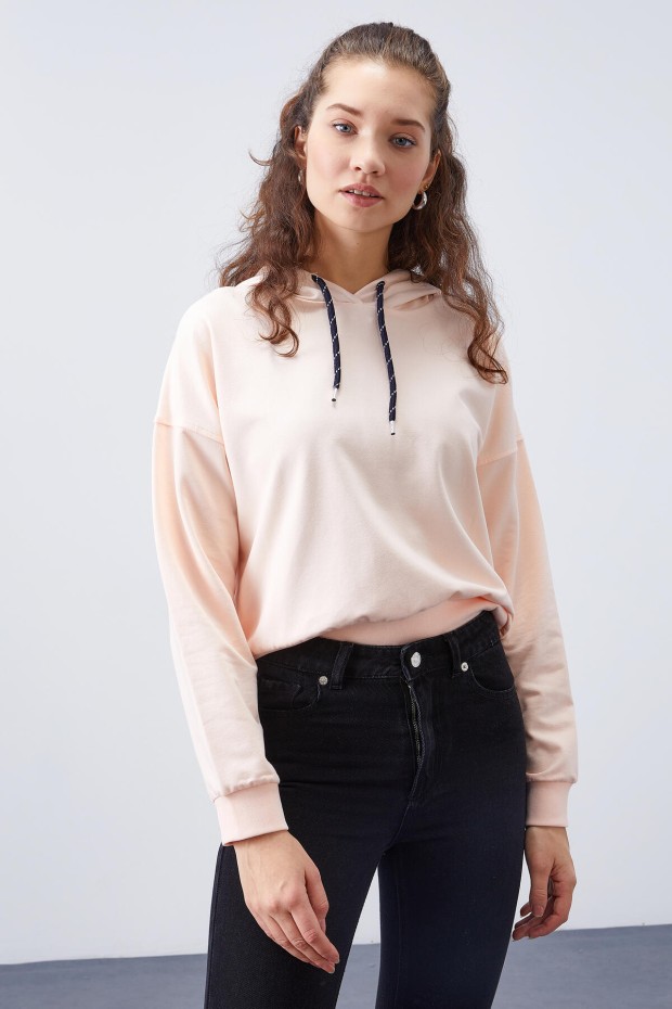 Somon Uzun Kol Rahat Form Kapüşonlu Kadın Sweatshirt - 97115 - 1