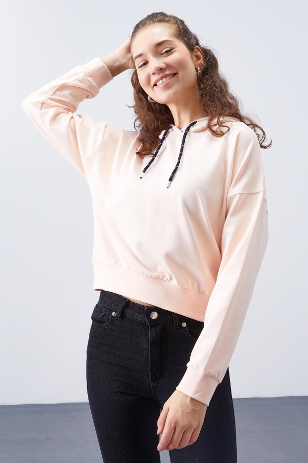 Somon Uzun Kol Rahat Form Kapüşonlu Kadın Sweatshirt - 97115 - 5