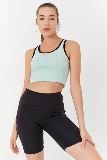 Su Yeşili Basic Sıfır Kol Dar Kalıp U Yaka Kadın Crop Top Atlet - 97162 