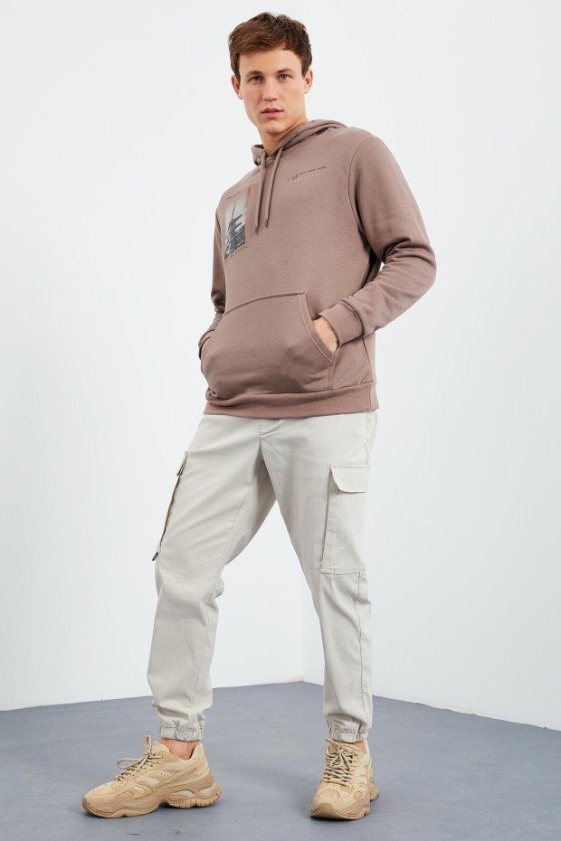 Tommy Life Toprak Desen Baskılı Kapüşonlu Rahat Form Erkek Sweatshirt - 88015. 6
