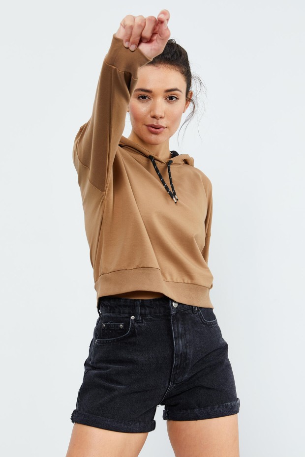 Toprak Uzun Kol Rahat Form Kapüşonlu Kadın Sweatshirt - 97115 - 3